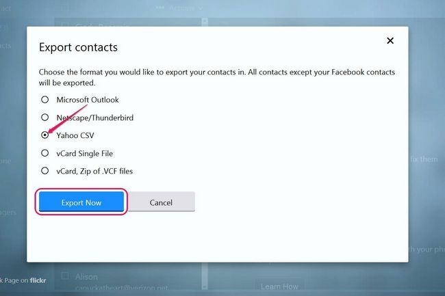 Vous pouvez accéder à la fonction d'exportation à travers votre page de contacts Yahoo.